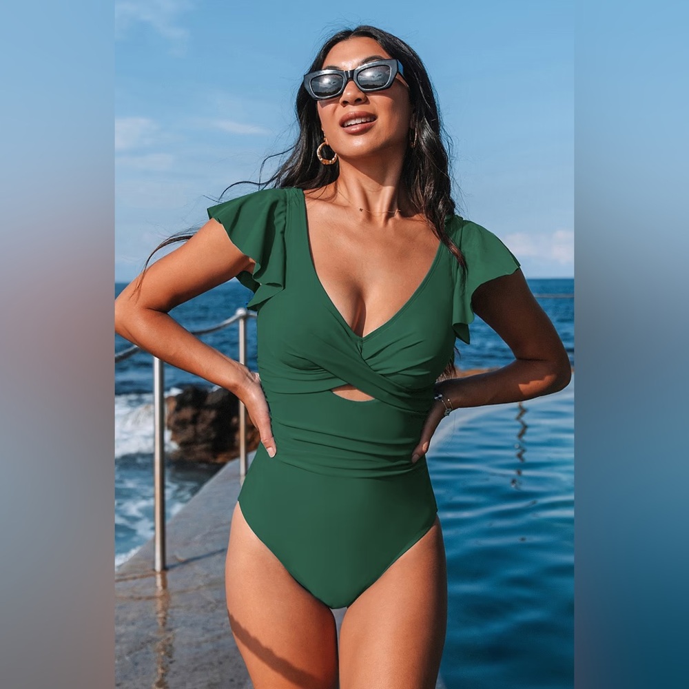 Cupshe NWT Emerald Flutter Sleeve One Piece Swimsuit - Small